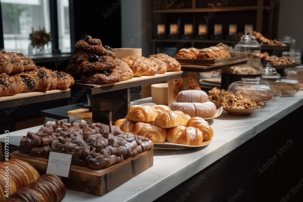 stand with variety of pastries, including croissants, doughnuts, and more, created with generative ai