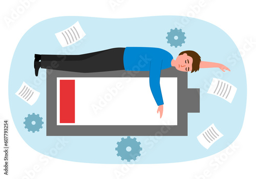 Tired fatigued businessman lying on low battery in flat design.