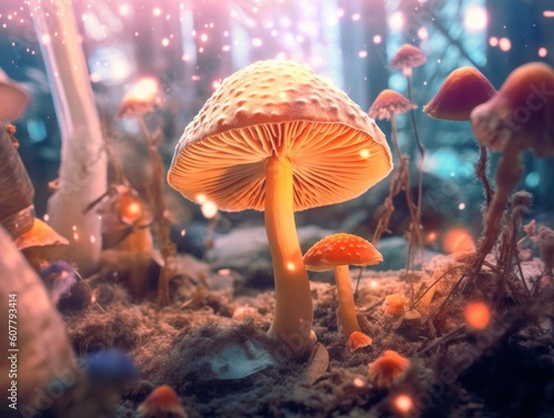 colourful and vivid magic mushroom forest, generative ai © Felix