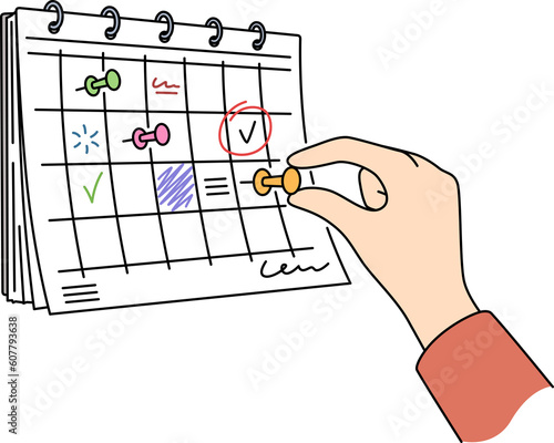 Person attach pin on month calendar