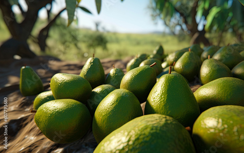 Harvested ripe avocados in orchard. Generative Ai