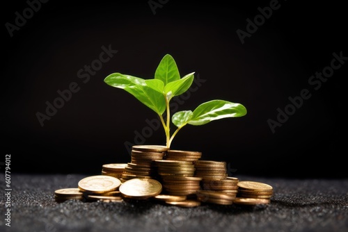 Small tree growing on pile of golden coins. Capital growth, investment, saving money, economy, finance and business concept.