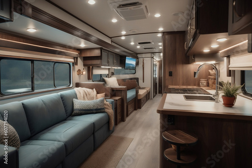 Furnishing interior of motor home camping car, decor of salon area in comfortable modern caravan house design. Relaxation areas for road travel. Travelling and entertainment concept. Generative AI © Valeriia