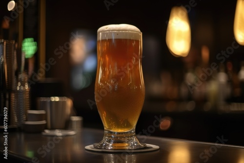 close-up of frothy draft beer, with glassware and hops in the background, created with generative ai