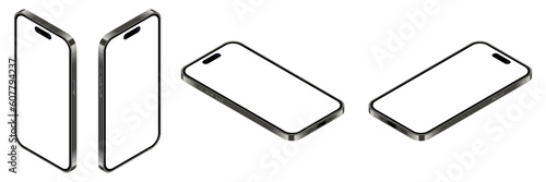 Realistic smartphone mockup. Isometric smartphone set. 3d mobile phones with blank screen. Vector illustration