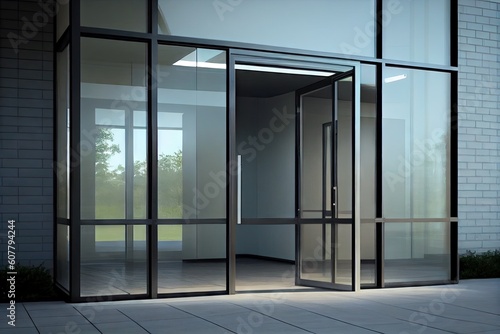 modern glass entry door  with sleek and clean lines  for a contemporary office building  created with generative ai