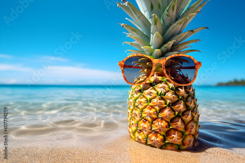 Pineapple wearing sunglasses on tropical beach in sunny day, fun, summertime, party, vacation, seascape background, Generative AI