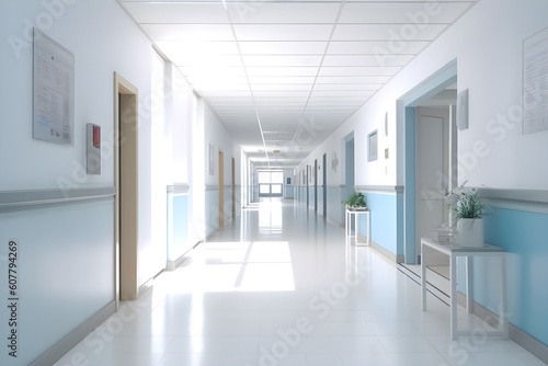 warm and cozy hospital corridor with beautiful light, interior of modern hospital, no people background, Generative AI
