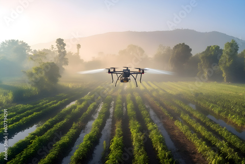Agriculture drone flying above vegetable farm and spraying fertilizer. Smart and precision farming, Agricultural technology concept, no people. Generative AI
