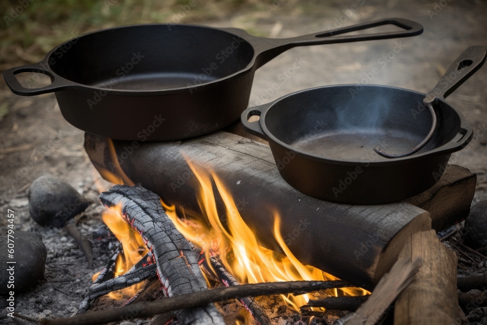 campfire cooking with cast-iron skillet and seasoned utensils, created with generative ai