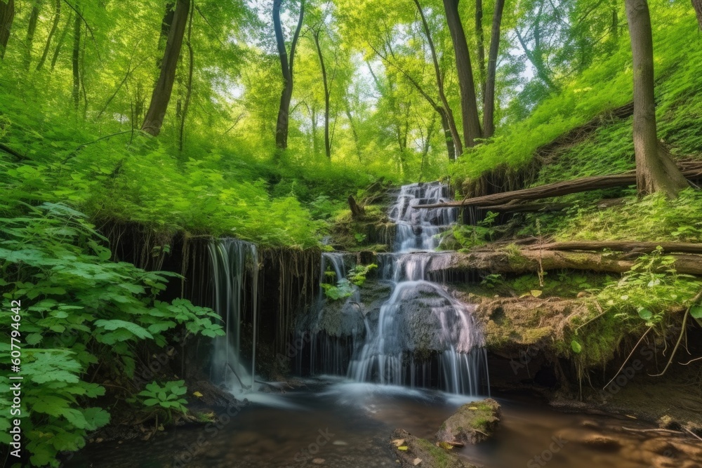 peaceful forest with cascading waterfall and clear blue sky above, created with generative ai peaceful forest with cascading waterfall and clear blue sky above, created with generative ai