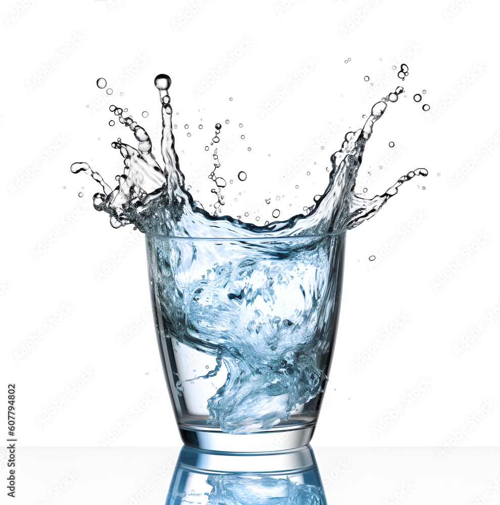 Water splash in glass isolated on white background.