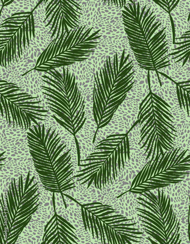 Exotic seamless pattern with palm leaves and dots on green background for fashion prints. Vector illustration.