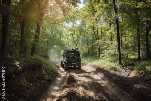 off-roader driving through lush forest on a sunny day, created with generative ai