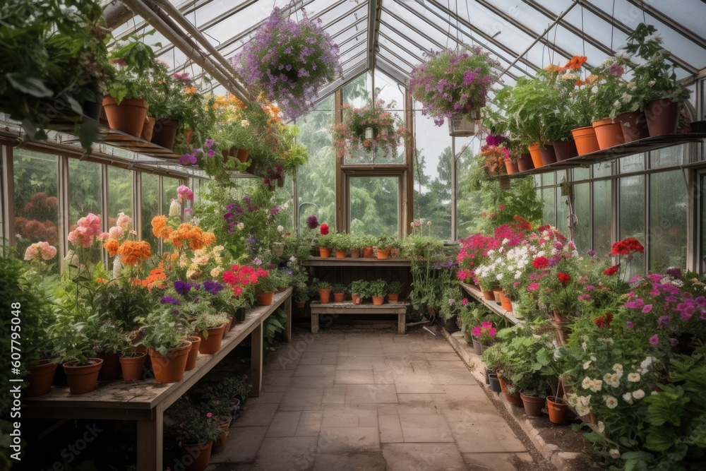 greenhouse with hanging baskets of colorful flowers and pots of herbs, created with generative ai greenhouse with hanging baskets of colorful flowers and pots of herbs, created with generative ai