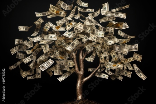 Money tree of good luck and Feng Shui made of banknotes. Capital growth, investment, saving money, economy, finance and business concept.