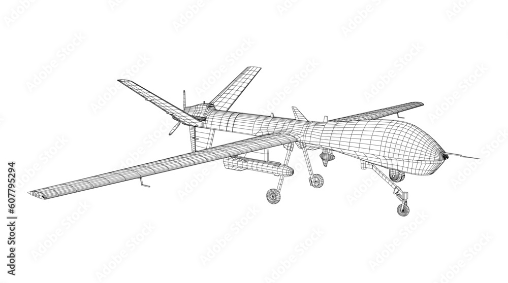 Military Drone isolated on white background. EPS10 format. Wire-frame Vector created of 3d.