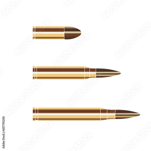 Bullet of different caliber. Bullets machine gun and pistol isolated on white background. Vector illustration.