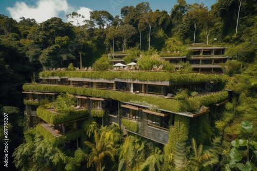 eco-friendly hotel  with solar panels and green roofs  surrounded by lush greenery  created with generative ai