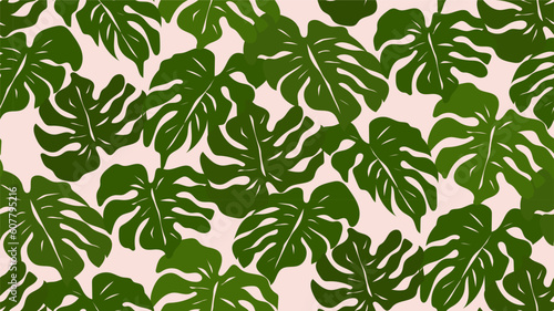 Monstera leaves on pink background. Tropical jungle seamless pattern for fashion prints. Vector illustration.