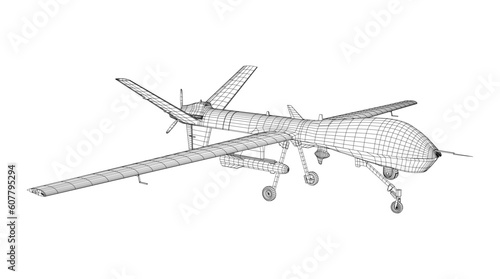 Military Drone isolated on white background. EPS10 format. Wire-frame Vector created of 3d.