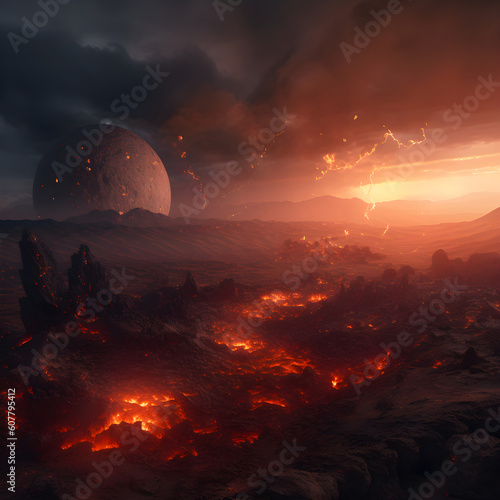 Armageddon concept. Burning abandoned ruined earth by people, pollution, war, nuclear weapons with climate change and environment ploblems. Generative AI