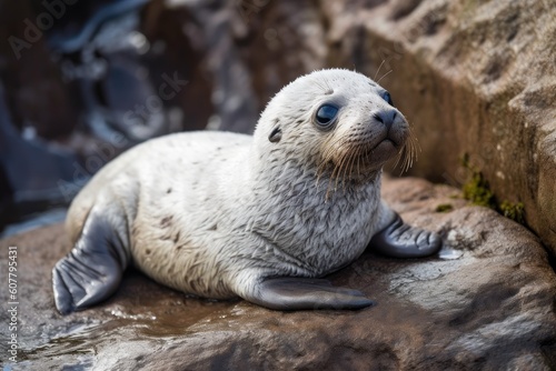 baby seal basking in the sun on a rock, created with generative ai