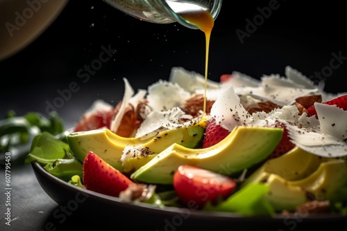 coconut aminos being drizzled onto a fresh salad photo