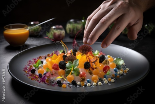 close-up of chef's hand, carefully arranging colorful and delicious ingredients on plate, created with generative ai