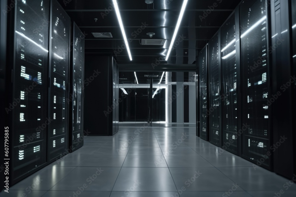 data center, with racks of servers and blinking lights, against background of modern office building, created with generative ai data center, with racks of servers and blinking lights, against background of modern office building, created with generative ai