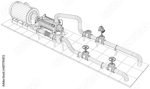 Wire-frame line pumping unit isolated on white. Vector rendering of 3d.