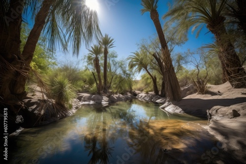 desert oasis with clear blue sky and sunlight shining through the trees, created with generative ai