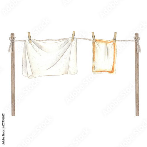 A white clothesline with clean laundry hanging on wooden supports. Watercolor illustration isolated on a white background. Suitable for the design of postcards, invitations, advertising powder, soap