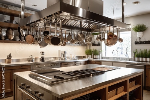 custom-built cooking station featuring glass cooktop, stainless steel hood and hanging pots and pans, created with generative ai