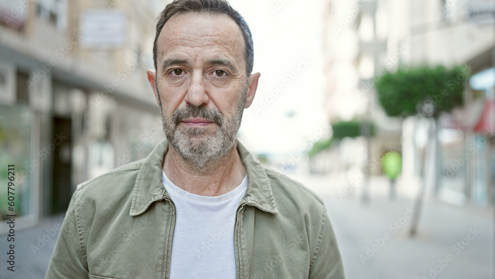 Middle age man standing with serious expression at street Middle age man standing with serious expression at street