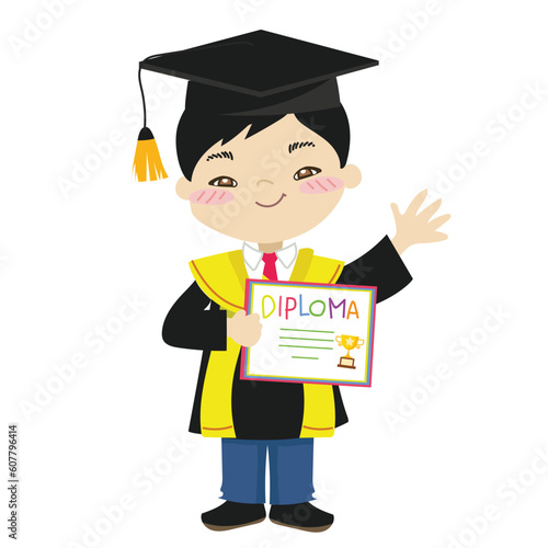 A cute little boy with black toga dress standing and holding the diploma certificate on the graduation day on white background for kids’ fashion artworks, children books, invitations, poster, and card