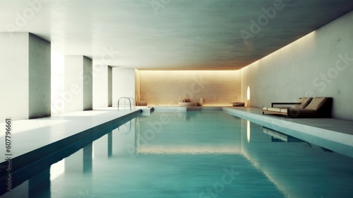 A modern interior of luxury private house with a swimming pool created with AI generative technology © Kitorai
