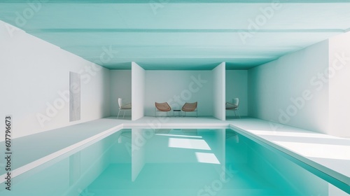 A modern interior of luxury private house with a swimming pool created with AI generative technology © Kitorai