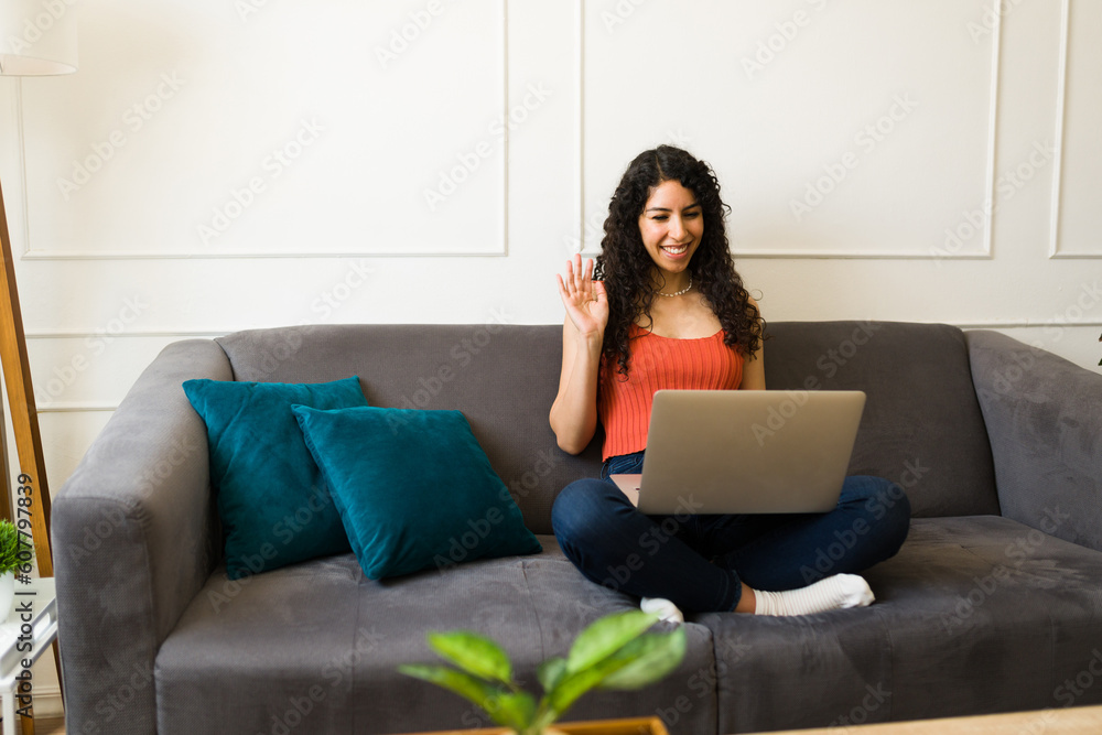 Smiling beautiful woman in the living room using the laptop Smiling beautiful woman in the living room using the laptop