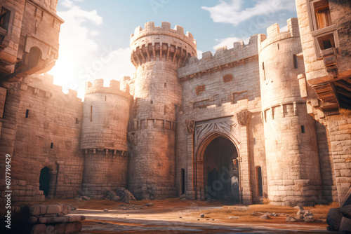 Paved courtyard of a medieval castle. Cinematic light, volumetric light, no people with empty space for characters. Realistic environment made with Generative AI