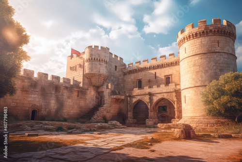 Paved courtyard of a medieval castle. Cinematic light, volumetric light, no people with empty space for characters. Realistic environment made with Generative AI