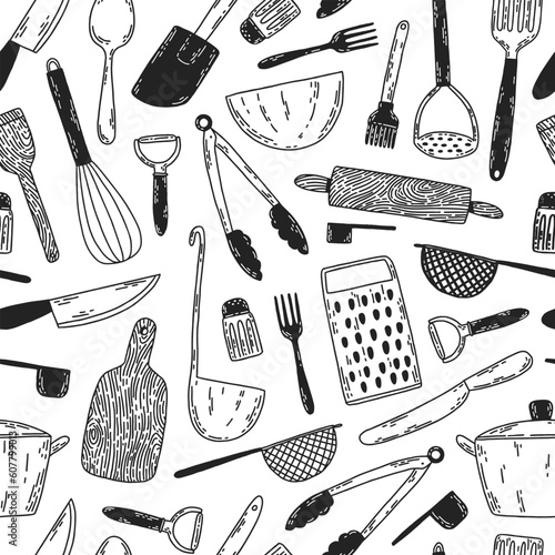 Pattern with kitchen utensils. Vector hand-drawn seamless texture with cooking tools