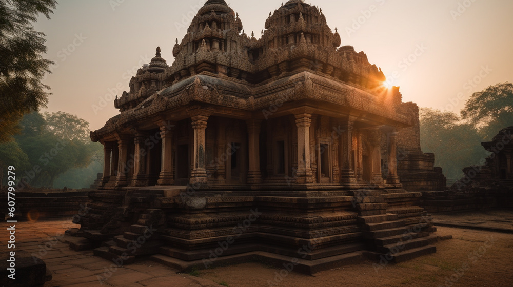 Fototapeta premium ancient temple at sunrise with the first rays of light