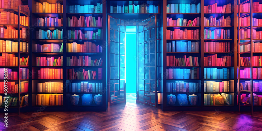 Fototapeta premium The Intelligent Library: A Colorful Fusion of Brain, Books, AI, and Technology