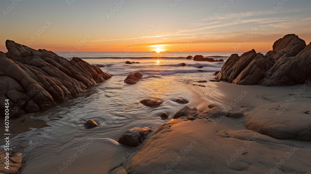 A tranquil beach scene at sunset with the waves