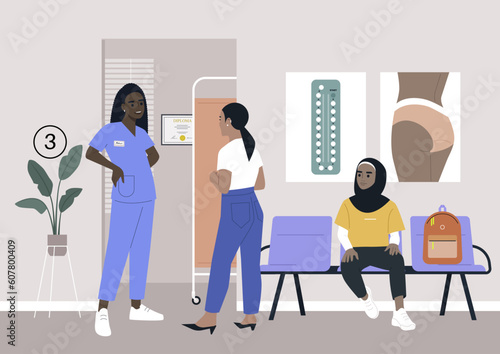 A clinic hallway, a gynecologist cabinet waiting area, a young female patient wearing a hijab