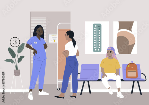 A clinic hallway, a gynecologist cabinet waiting area, a young Asian patient with pint hair