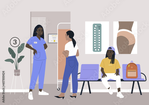 A clinic hallway, a gynecologist cabinet waiting area, A young African character sitting in the corridor