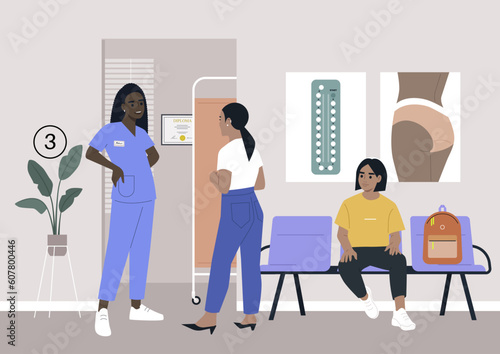 A clinic hallway, a gynecologist cabinet waiting area, a young female character waiting in the corridor