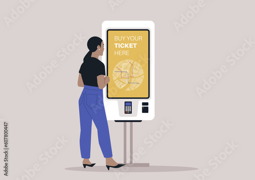 A self-service ticket machine, a daily commute concept, urban transportation system